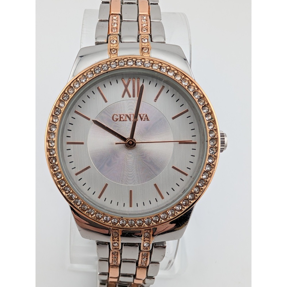 Geneva Watch Women 34mm‎ Case Rhinestones Silver/Rose Gold 7.25" Band- Working